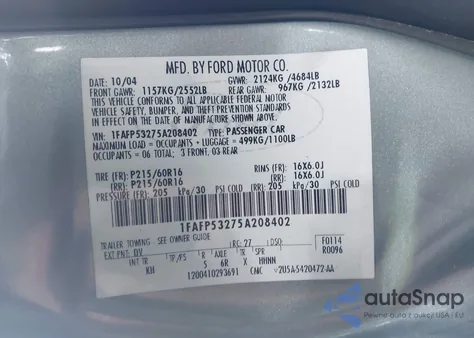 2005 Ford Taurus Se из США, поврежденный, VIN 1FAFP53275A208402